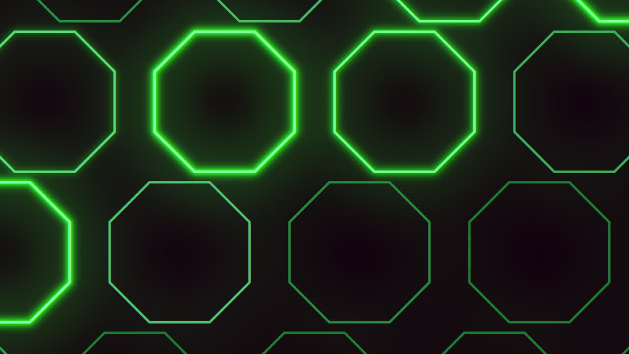 Futuristic neon green octagon grid background with glowing geometric outlines on a dark surface, ideal abstract footage for technology, gaming, sci fi interfaces and modern digital design projects