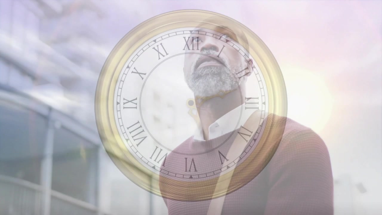 man gazing initiating numeral clock overlay spinning showing moon day-night cycle in tech