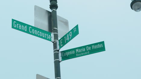 close up pan right of the street signs at grand concourse and east 149th street in the bronx new york city