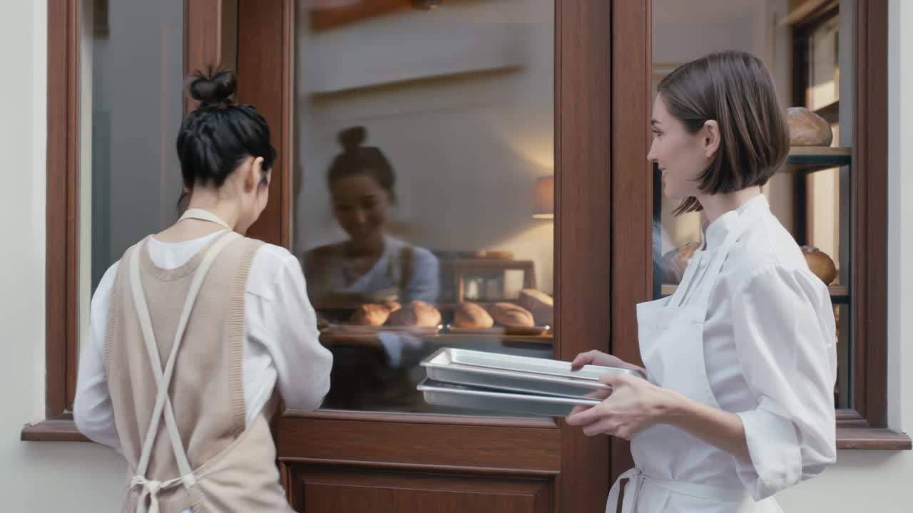 Unlocking wooden glass door, two staff in uniform entering bakery bringing trays to stock loaves