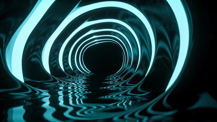 Moving camera starting forward through lit tunnel, showing cyan rings and rippling water into void