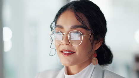 business woman, computer and happy planning on seo