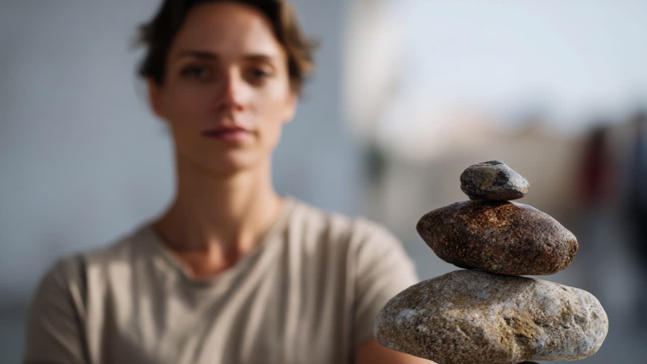 Un momento di tranquillità: Una giovane donna bilancia pietre lisce in una dimostrazione rilassante di concentrazione e consapevolezza, evocando serenità e pace interiore.
