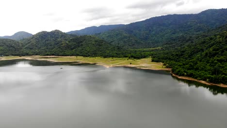 drone shot aerial view scenic landscape of reservoir dam at the countryside