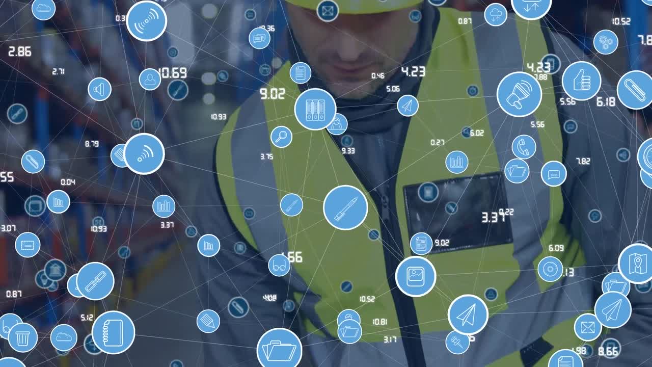animación de una red de iconos digitales sobre un trabajador caucásico usando un dispositivo de escaneo en el almacén.