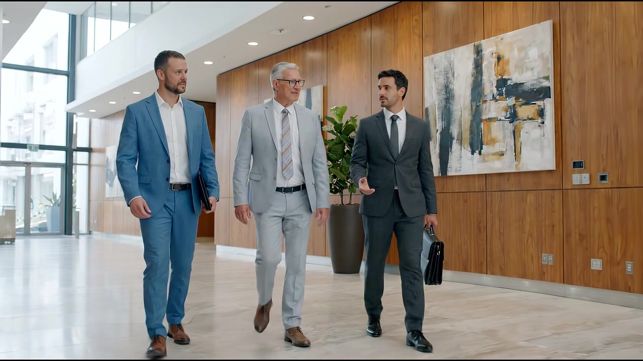 Tre professionisti d'affari che camminano attraverso un moderno corridoio d'ufficio con uno stile di presentazione aziendale sicuro