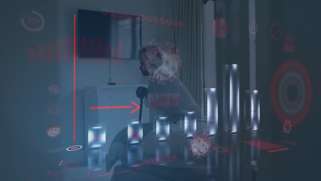 animación de procesamiento de datos de covid-19 sobre una mujer anciana afroamericana enferma sentada en la cama