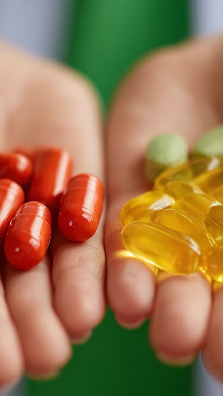 Un confronto approfondito degli integratori alimentari: capsule vivaci rosse, gialle e verdi mostrate in mani tese per la consapevolezza nutrizionale e le scelte