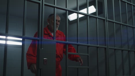 elderly prisoner leans on metal bars and looks at camera