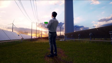 full body back view of an asian male professional worker standing with green screen smartphone with solar panel and wind turbines, industrial facility