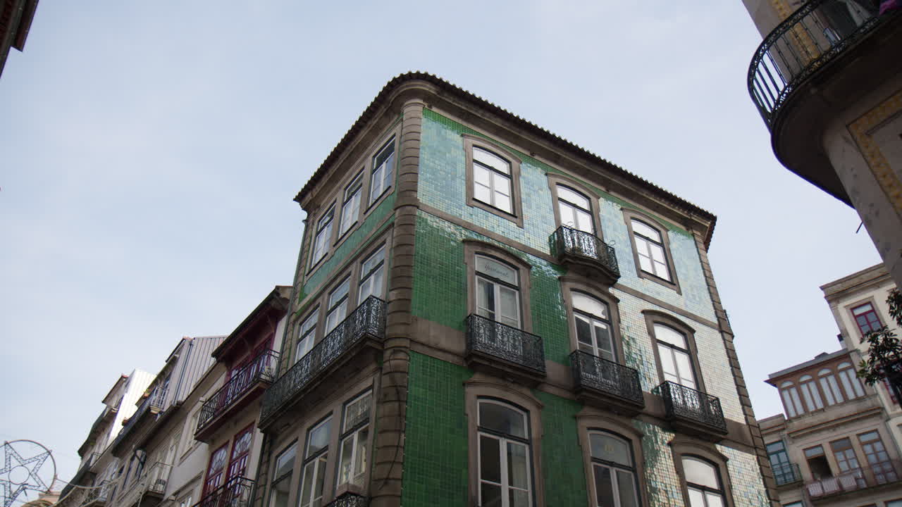 Apartment With Balconies In The Old Town Of Porto, Portugal. Low Angle Shot