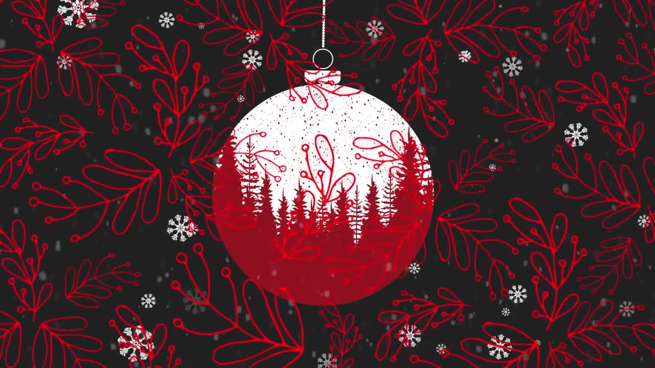 copos de nieve cayendo sobre la decoración de joyas colgantes contra diseños florales rojos sobre fondo negro