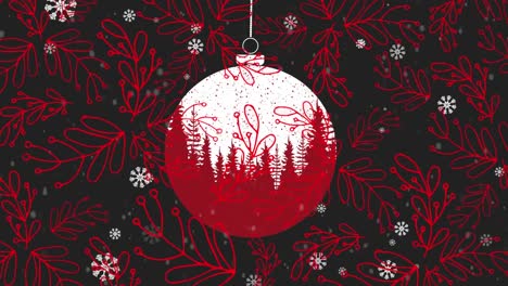 Snowflakes-falling-over-hanging-bauble-decoration-against-red-floral-designs-on-black-background