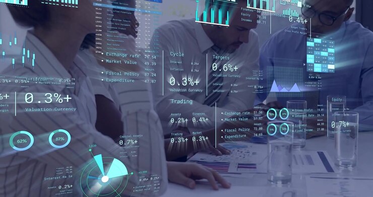 Financial data processing animation over diverse business people in meeting