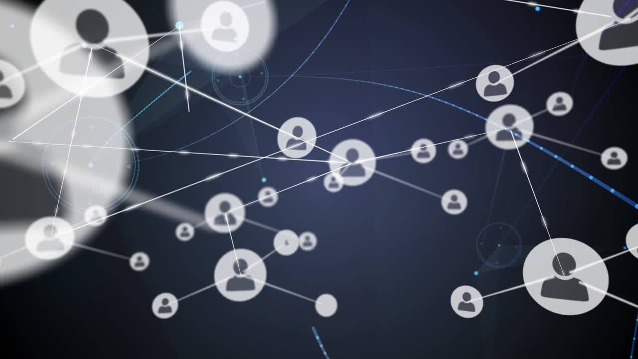 Animazione di reti di connessioni con icone su sfondo nero