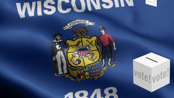 Stato del Wisconsin - Schede elettorali volano verso l'urna per le elezioni del Wisconsin - Urna elettorale davanti alla bandiera - Elezioni - Voto - Bandiera nazionale dello Stato del Wisconsin con motivo a onde, elementi in loop - Trama del tessuto e ciclo infinito - Bandiera in loop dello Stato del Wisconsin
