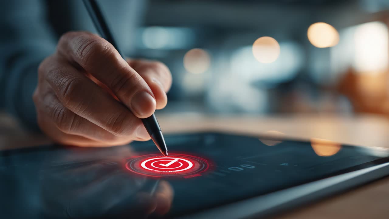 Close-up of a Hand Using a Stylus on a Tablet Screen, Interacting with a Digital Interface Featuring a Glowing Red Checkmark Symbol Against a Blurred Background