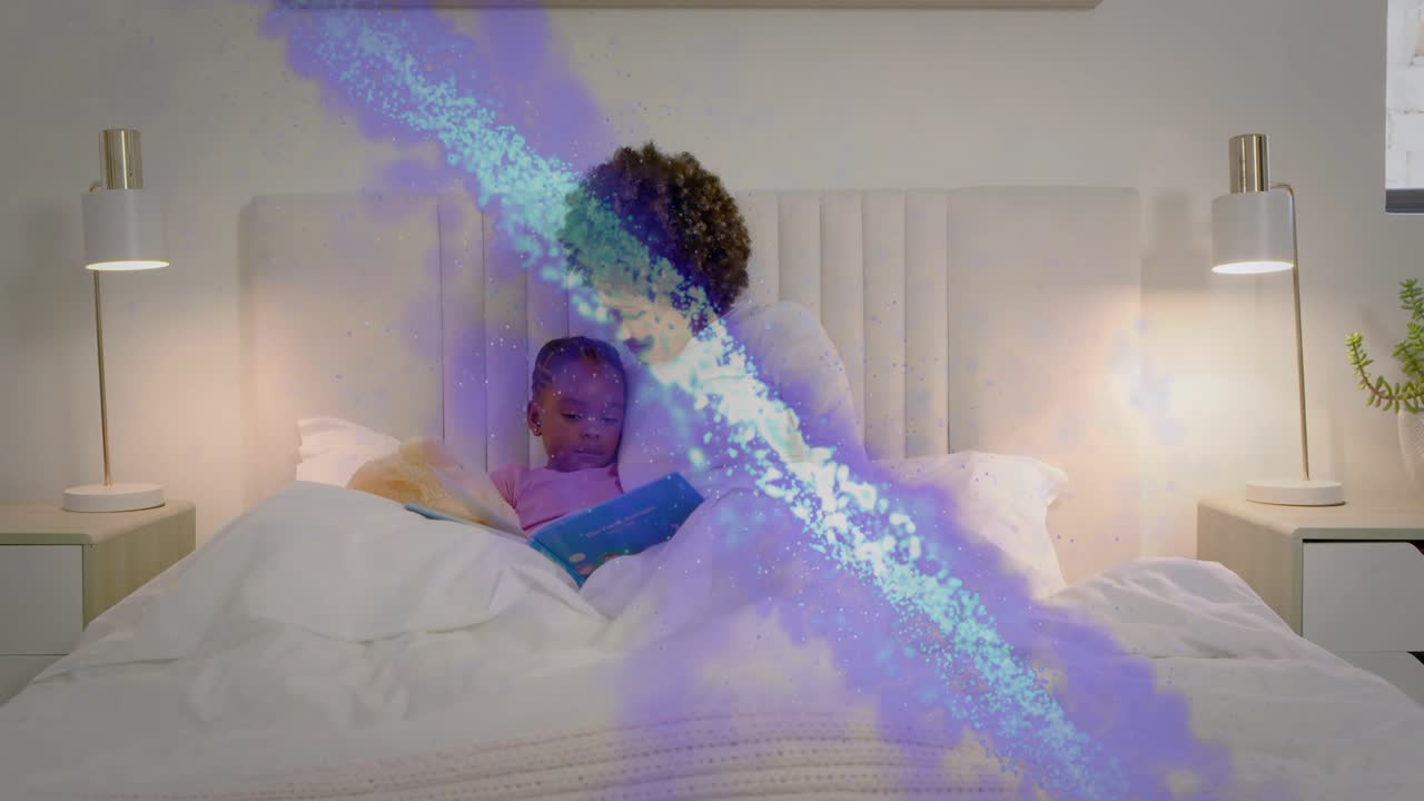 Mom and child reading bedtime blue book, book opening causing purple particles sweeping across them