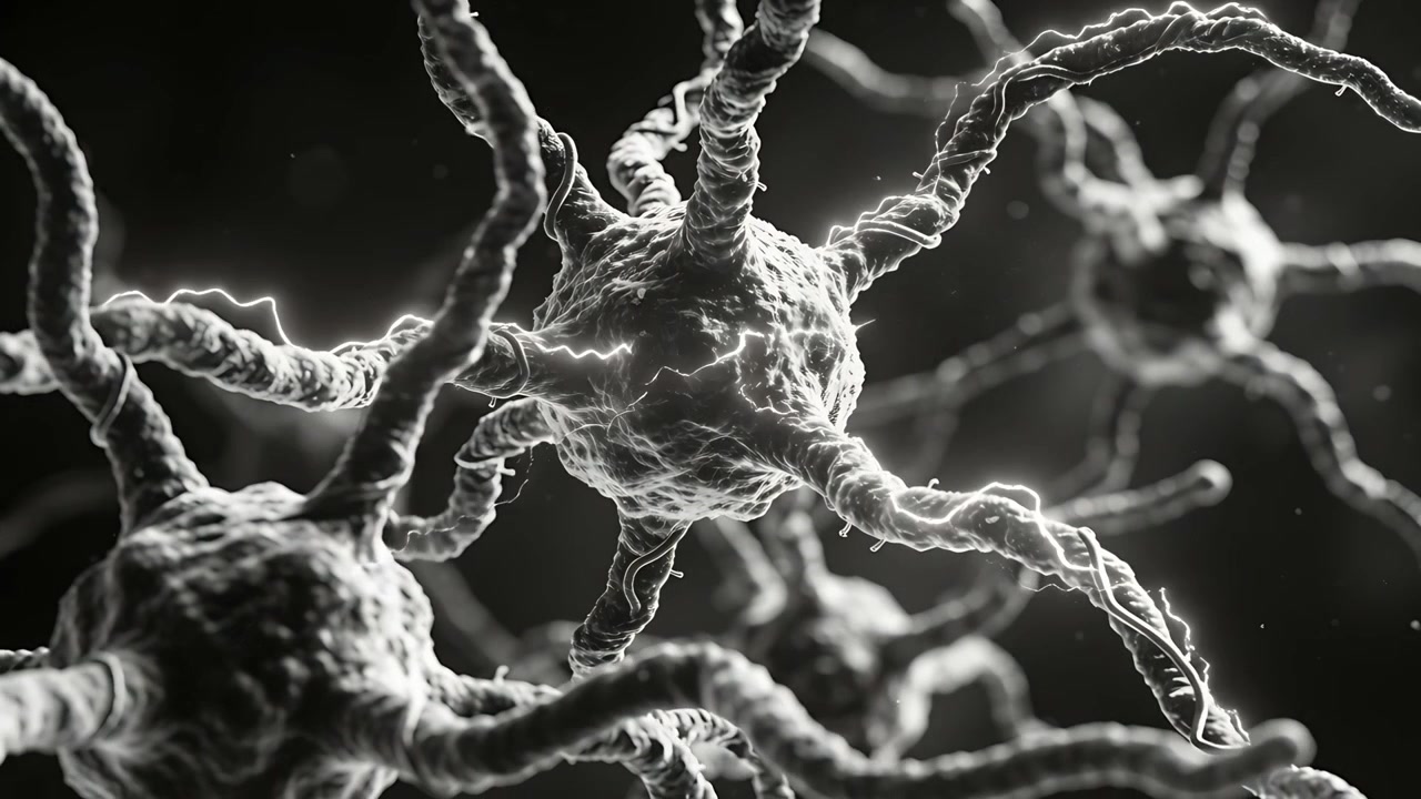 Lighting neurites sparking electric arcs, central neuron soma emitting signals in microscopic CGI
