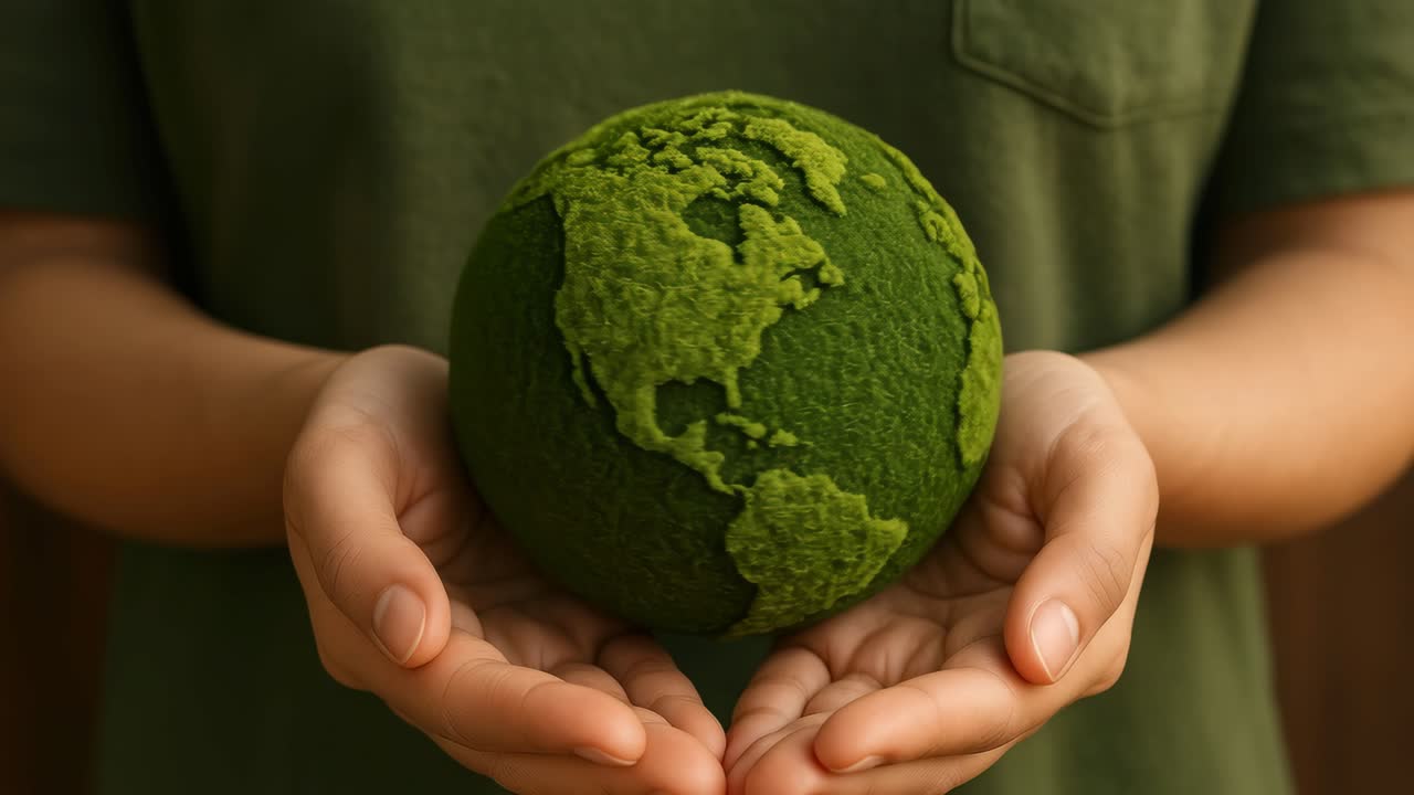 Close-up video concept of hands holding a green, textured globe