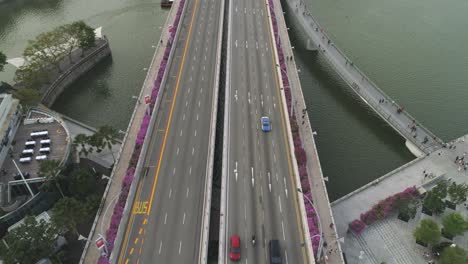 aerial view of a bridge over a river in a city with traffic and people