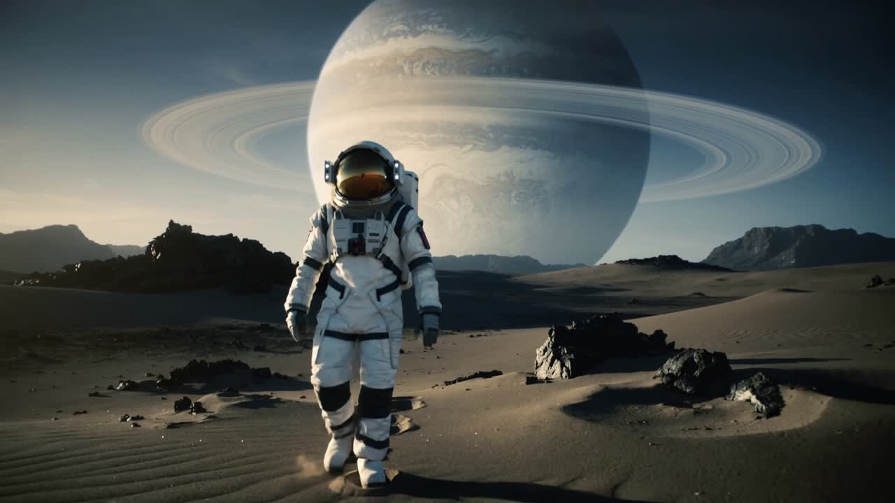 Gående astronaut i EVA-dragt nærmer sig kamera på fremmed slette for at undersøge, med guldfarvet visir, kæmpe planet