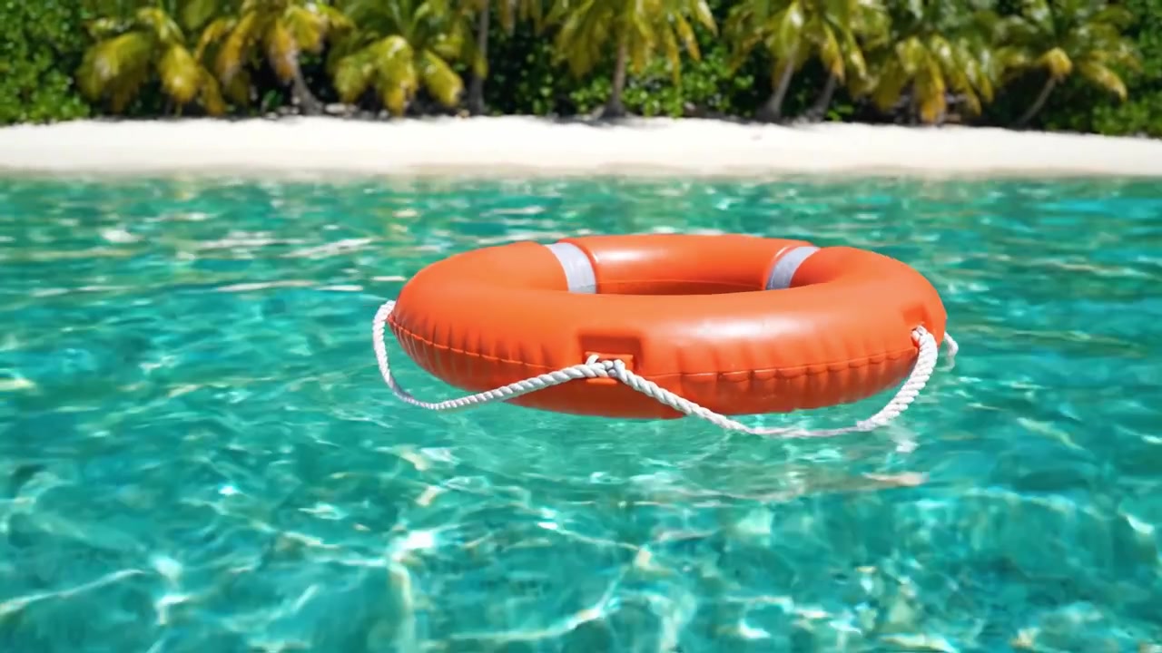 Uma boia salva-vidas laranja brilhante flutuando em águas cristalinas, rodeada por folhagem tropical verde exuberante e uma praia de areia intocada em um paraíso costeiro tranquilo.
