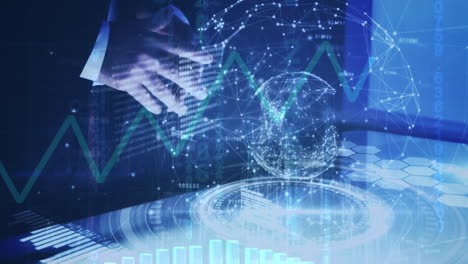 animación del globo y procesamiento de datos sobre la sección media del hombre de negocios tocando la pantalla futurista
