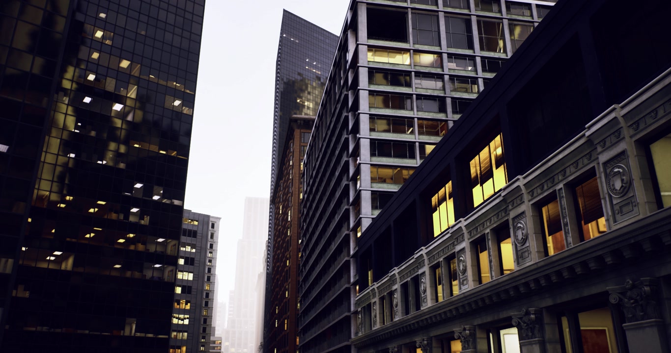 Urban architecture with illuminated interiors and narrow street below highlights