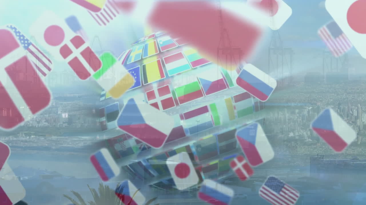 National flag globe floating over port while flag cubes drifting around in 3D render