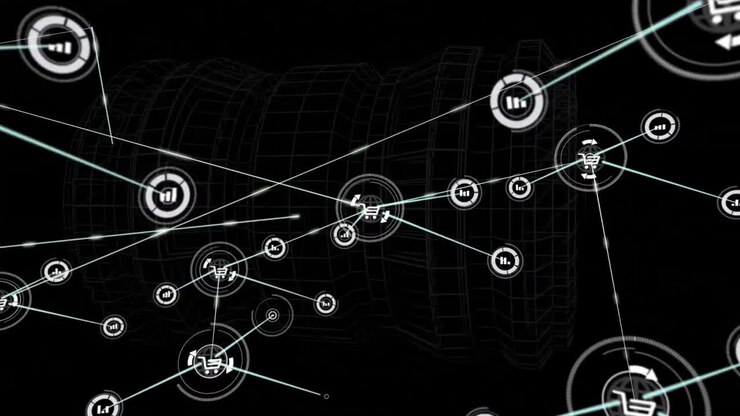 Animazione di una rete di icone multimediali connesse e elaborazione dati su sfondo nero.