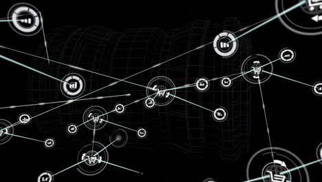 Animation-Des-Netzwerks-Verbundener-Mediensymbole-Und-Datenverarbeitung-Auf-Schwarzem-Hintergrund