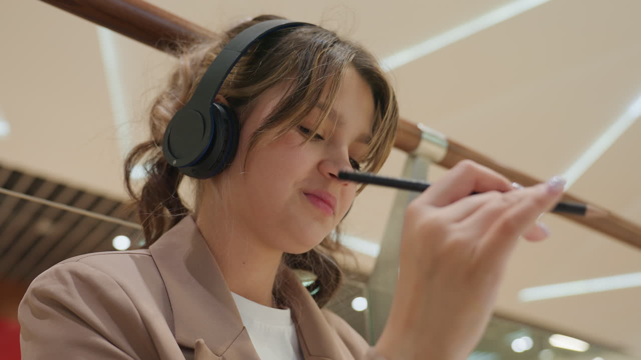 즐겁게 노래하는 여성, 쇼핑몰 안에서 펜과 헤드폰을 사용하여 곡을 실험하는 여성, 헤드폰을 쓰고 마이크에 노래하는 척하며 음악적 아이디어를 탐구하는 창의적인 여성