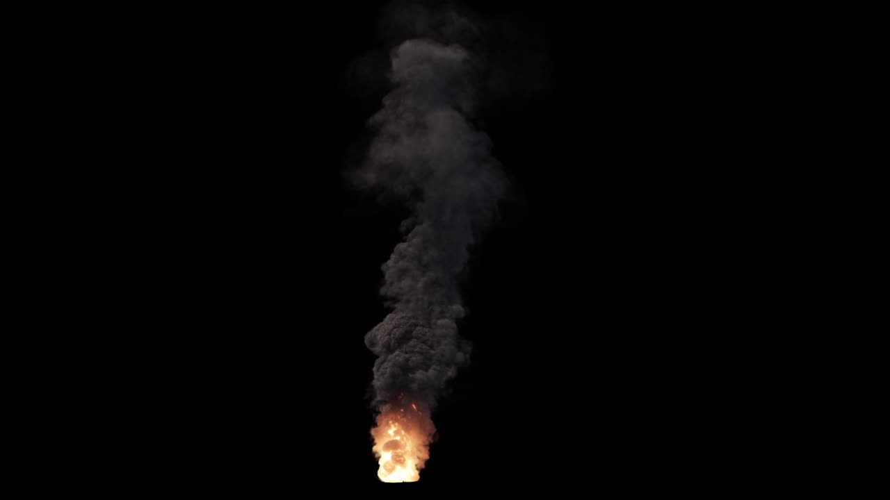 A powerful and realistic explosion with bright fire and thick black smoke billowing upwards. VFX element isolated on a black background for easy compositing