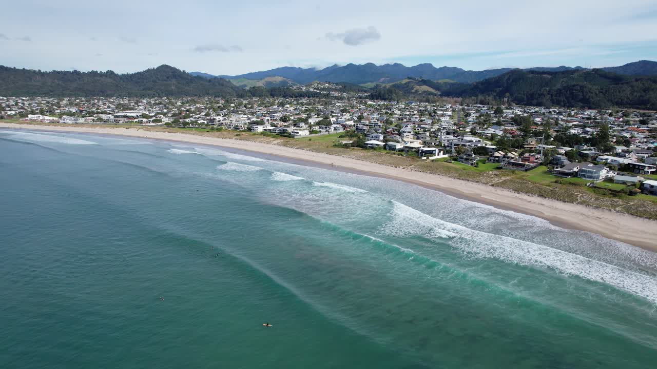 Whangamata Beach In Coromandel Peninsula, New Zealand - Aerial Pullback