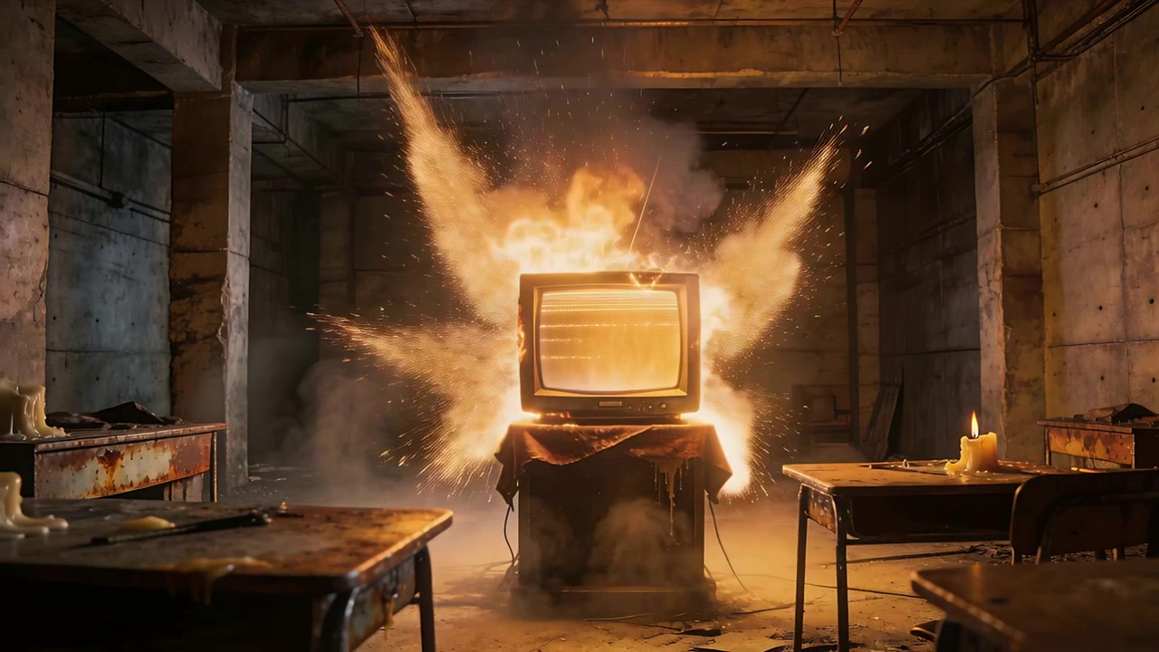 Piccole fiamme che divampano su un televisore CRT che brucia su un supporto drappeggiato in una stanza di cemento fatiscente, con candele che si sciolgono.