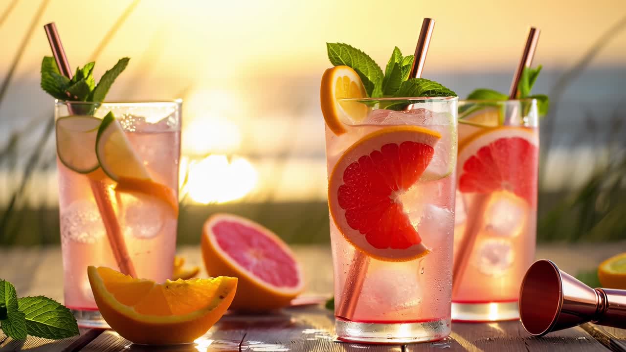 Forfriskende drikker ved solnedgang, fanget i en lav vinkel, perfekt for en sommervideo