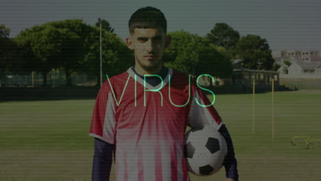 on school field, child holding soccer ball with animation of virus text overlay