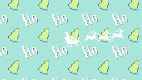 santa''s sleigh and reindeer animation over christmas trees and ho ho ho text