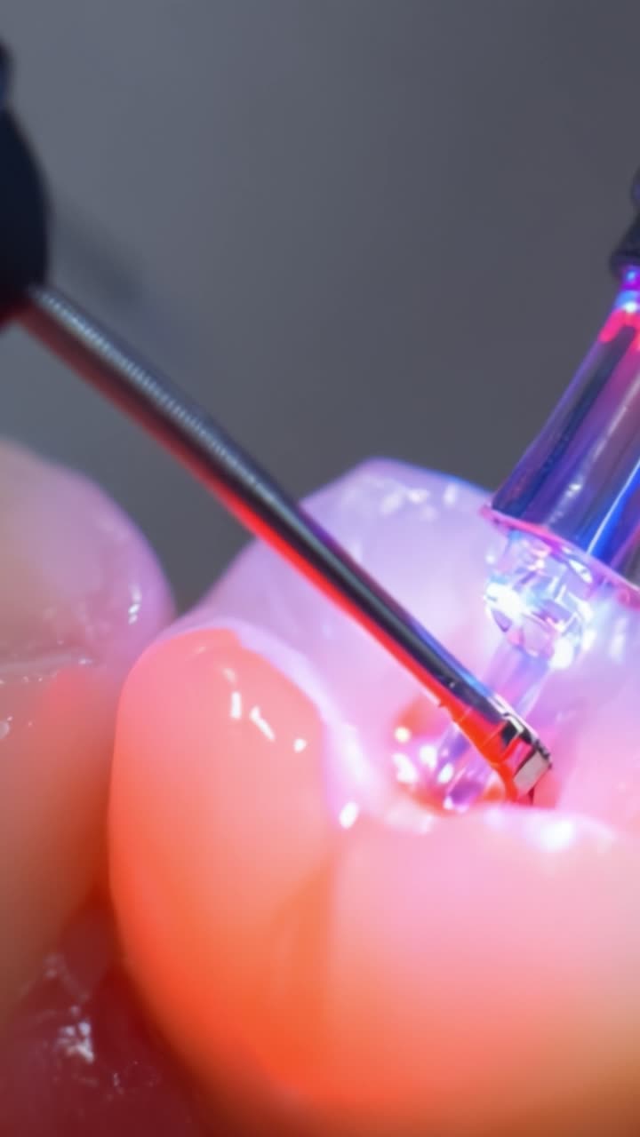 Procedura in primo piano di trattamento dentale che utilizza la tecnologia laser per l'otturazione e il restauro delle carie con effetti visivi luminosi.
