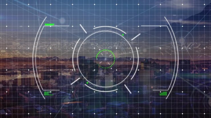 Animation of network of connections and scope scanning over cityscape