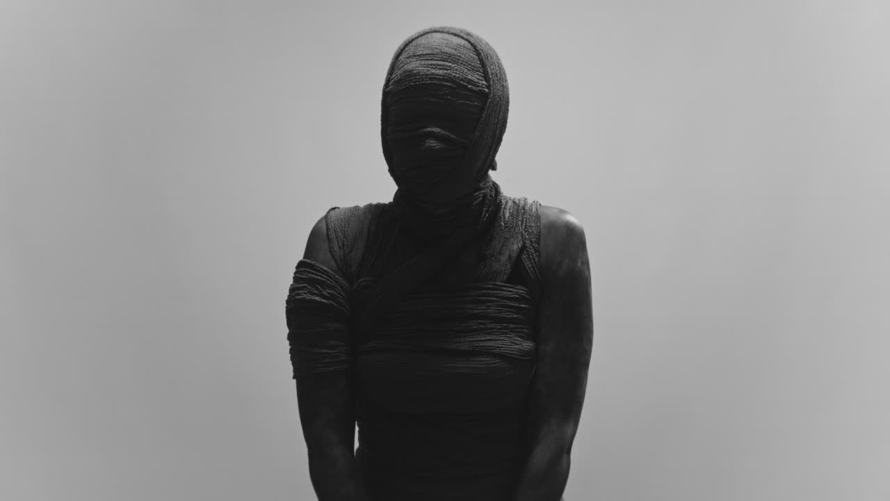 A mummy of a woman on a white backdrop slowly rises her head and look around