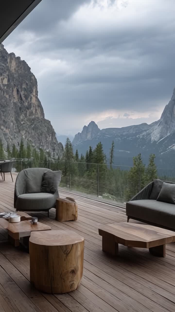 A Serene Mountain Retreat: Cozy Outdoor Lounge Area Surrounded by Majestic Peaks and Lush Forests, Perfect for Relaxation Amidst Nature's Breathtaking Beauty