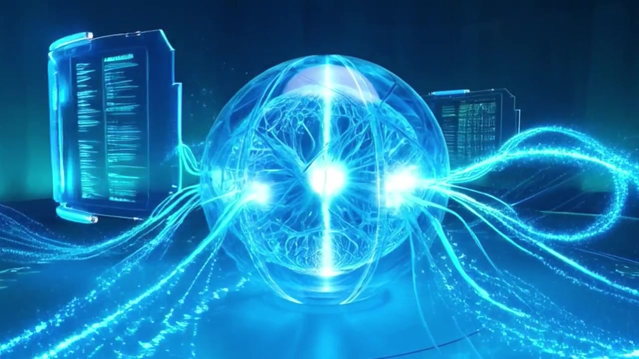 Futuristic Digital Brain Sphere with Glowing Data Streams