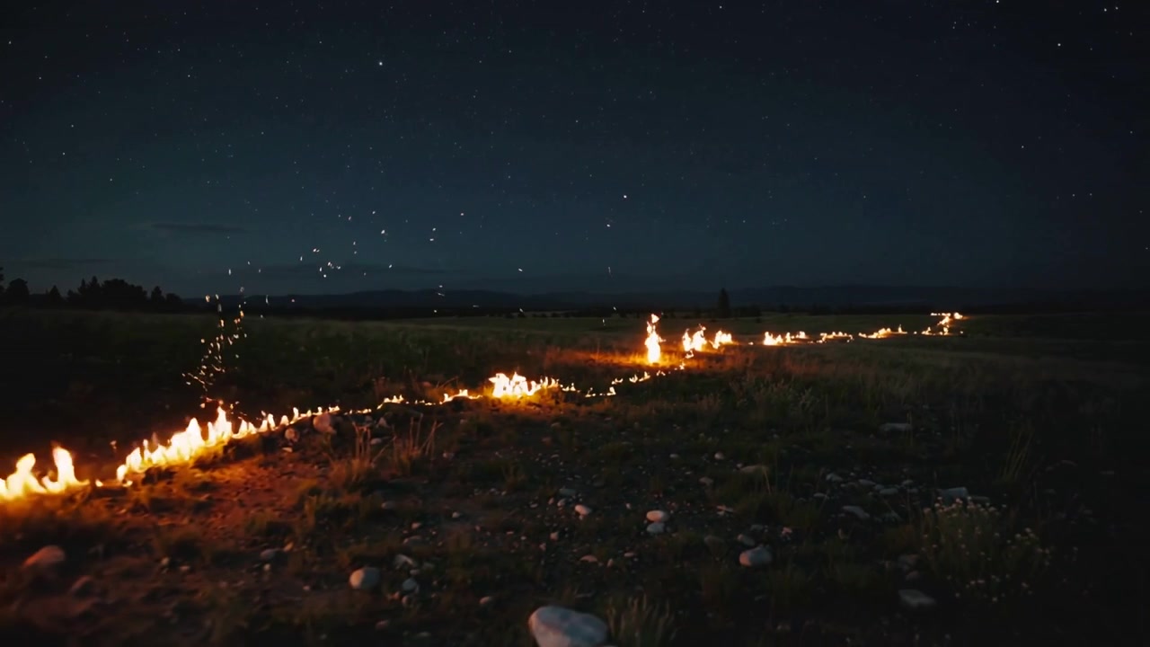 Brisa leve abanando as brasas, fogo linear estreito rastejando por uma planície rochosa e gramada sob um céu estrelado.