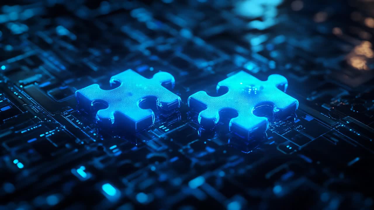 Blue Puzzle Pieces on a Circuit Board