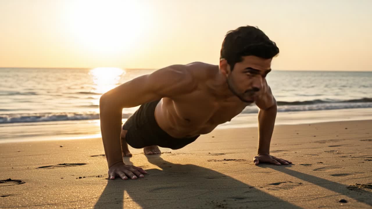 An Intense Workout at Sunset: A Man Performs Push-Ups on the Beach, Embracing Fitness and Nature as the Sun Sets Over the Calm Ocean Waves.