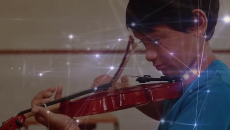 Animation-of-network-of-connections-over-schoolboy-playing-with-violin