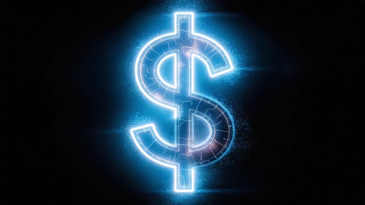 Simbol Dolar Digital Bercahaya Melambangkan Kekayaan dan Keuangan dalam Konteks Futuristik dengan Efek Berkilauan di Latar Belakang Gelap
