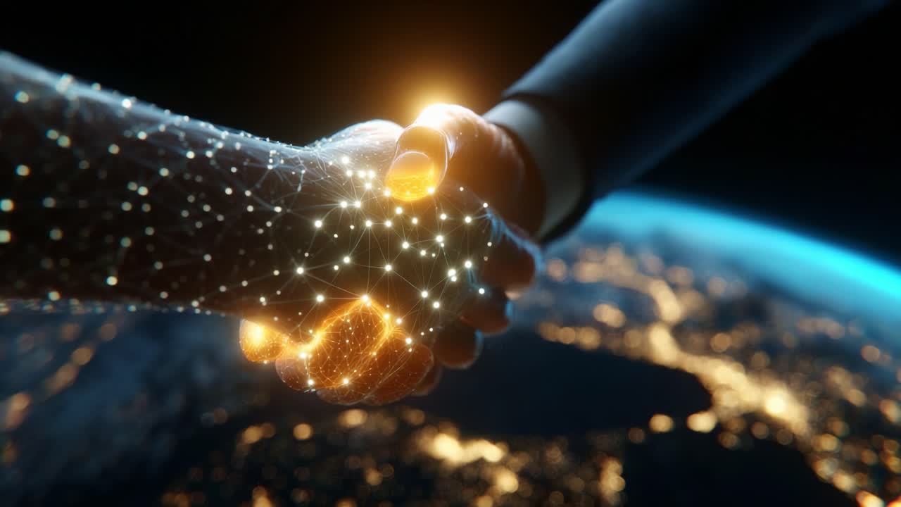 A Visual Representation of Unity and Collaboration: A Digital Handshake Between Two Distinct Hands with a Starry Network, Set Against a Backdrop of the Earth Illuminated at Night